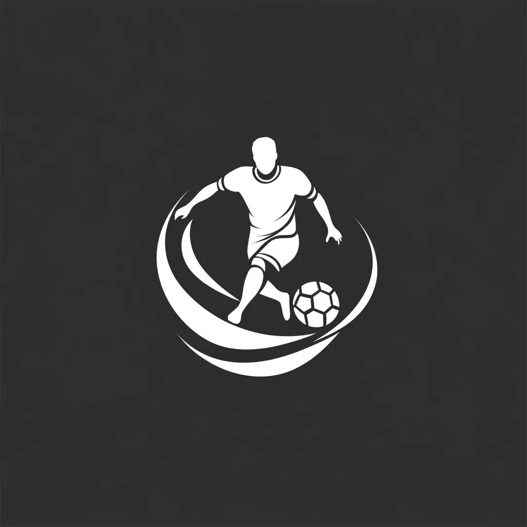 The image is a stylized logo depicting a soccer player in action.  A white silhouette of a player, in a dynamic pose, controls a soccer ball within a circular, swirling white design element against a dark gray background. The style is minimalist and modern, suitable for a sports team or related organization.  The overall impression is one of speed, skill, and energy.