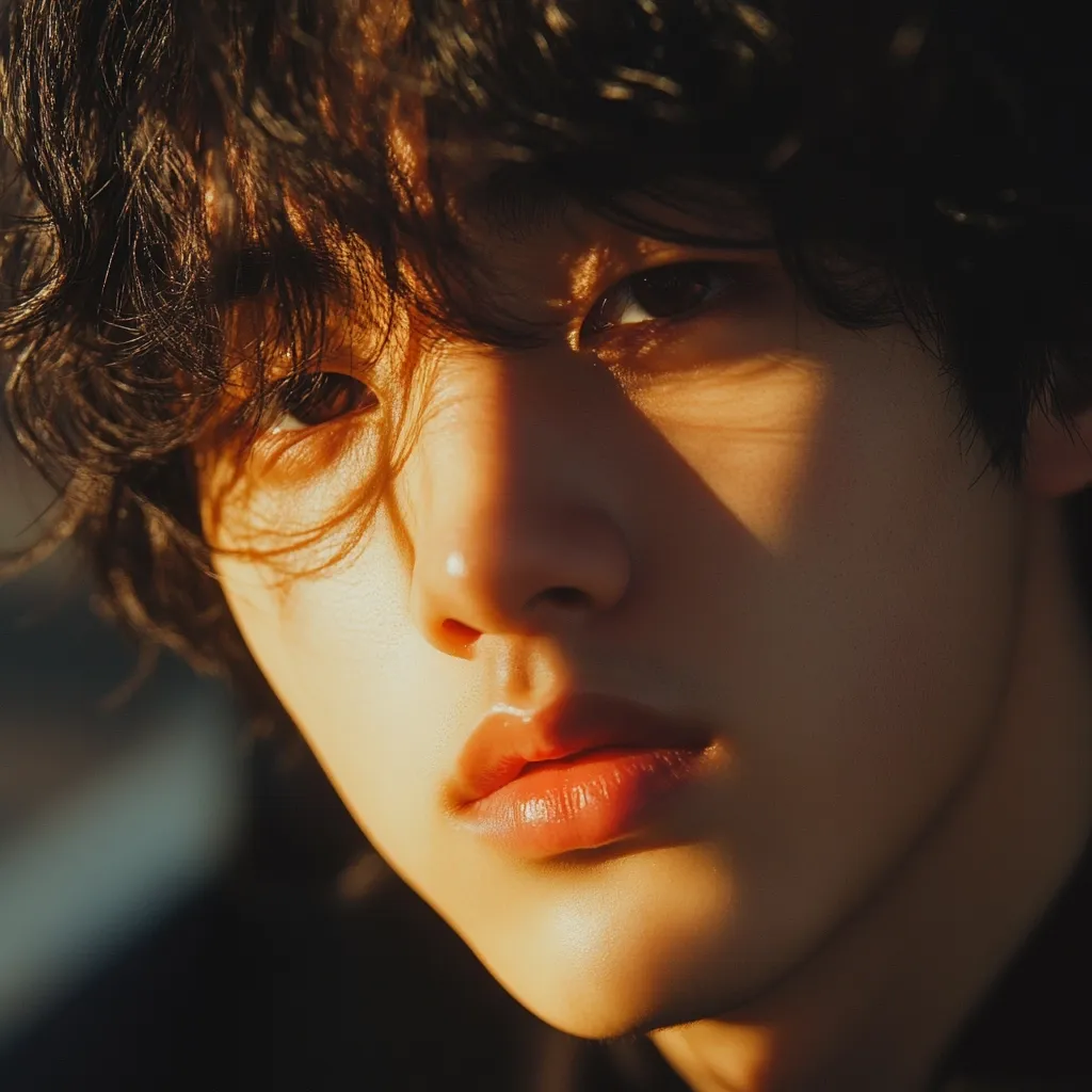 Close-up portrait of a young man with dark, slightly tousled hair that partially obscures his eyes.  Warm, golden sunlight illuminates his face, highlighting his smooth skin and full lips.  The lighting creates dramatic shadows, accentuating his features.  His expression is serene and somewhat pensive. The overall mood is one of soft beauty and youthful introspection.