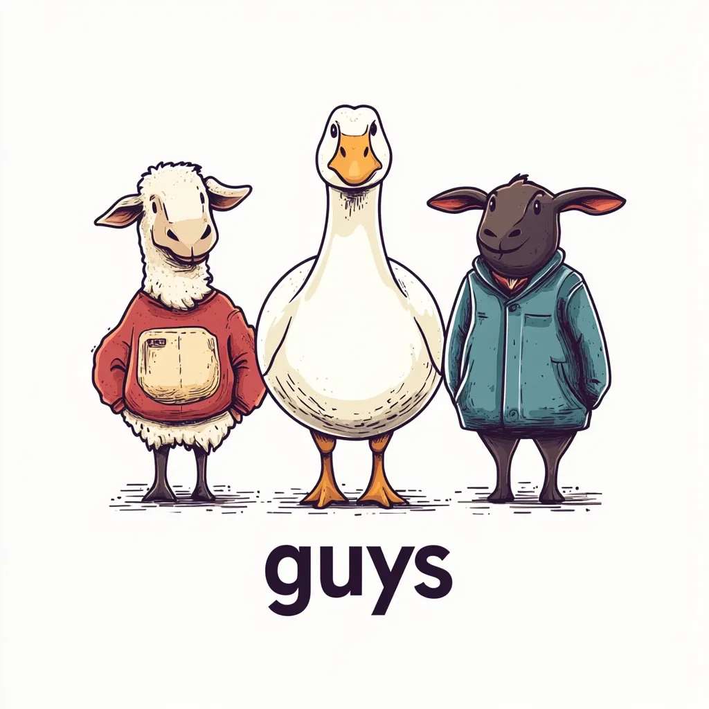Here's a description of the image:

The illustration features three anthropomorphic animals standing side-by-side, labeled "guys" below.  A white goose stands in the center, flanked by a sheep in a red sweater on the left and a black sheep in a teal jacket on the right.  Each animal has a distinctly human-like posture and expression. The style is cartoonish and whimsical, with hand-drawn details and textures evident in the clothing and animal features. The background is plain white, drawing focus to the three main characters.