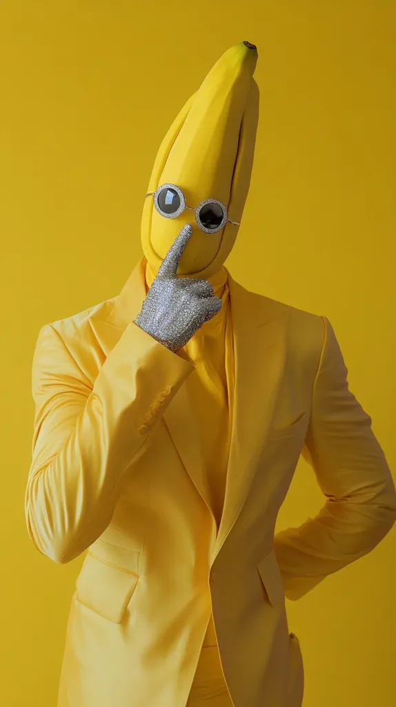Here's a description of the image:

Against a vibrant yellow backdrop, a figure is depicted wearing a full yellow suit. Their head is entirely covered by a realistic banana, giving the impression of a banana-shaped head.  The banana "head" is adorned with a pair of round, silver-framed sunglasses. One hand, wearing a sparkling, silver glove, is raised to the face in a thoughtful gesture. The overall effect is striking and surreal, blending everyday clothing with an unexpected, fruit-themed headpiece. The monochromatic yellow palette further emphasizes the unusual nature of the image.