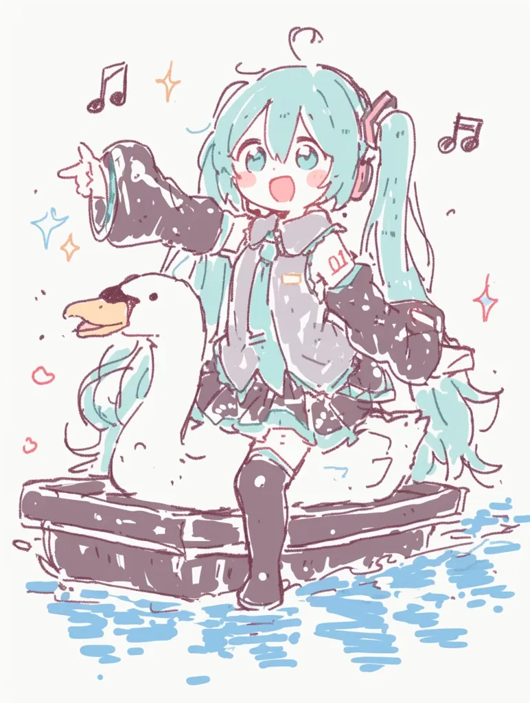 Here's a description of the image:

The illustration is a whimsical depiction of Hatsune Miku, a popular vocaloid character, riding a swan boat.  Miku, drawn in a chibi style with large eyes and a cheerful expression, is joyfully gesturing as musical notes float around her. Her signature teal hair flows behind her, and she's dressed in a simplified version of her iconic outfit.  The swan boat is simply rendered, and the water is suggested with light blue strokes. The overall style is light, sketchy, and evokes a carefree, happy mood.