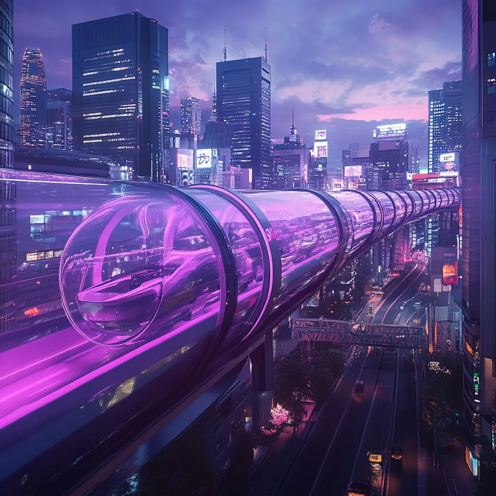 A futuristic cityscape at twilight is depicted, showcasing a high-speed transportation system.  A long, elevated, transparent tube, glowing purple within, carries individual pods containing vehicles.  The pods move through the tube above a bustling city with skyscrapers, illuminated streets, and vibrant signage, creating a blend of technological advancement and urban density. The overall aesthetic is sleek, vibrant, and futuristic.