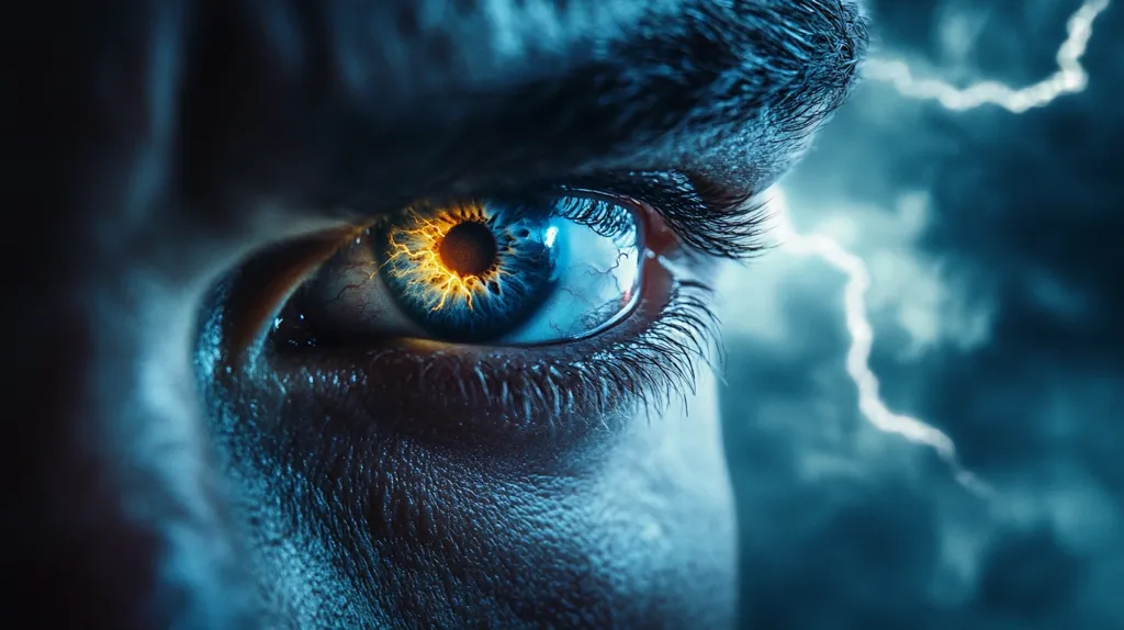 Here's a description of the image:

The image is a close-up of a person's eye, dramatically lit and digitally enhanced.  The iris is a striking blue, with a central, fiery orange-yellow core that resembles a miniature sun or explosion.  The eye is intensely focused, conveying anger or power.  The background is a blurred, stormy sky with streaks of lightning, mirroring the intense energy within the eye itself. The overall effect is one of dramatic intensity and otherworldly power.