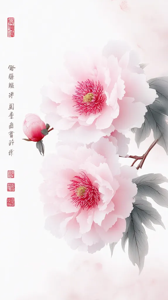 The image is a delicate watercolor-style painting of pale pink peonies.  Two large blossoms dominate the composition, their soft petals surrounding vibrant crimson centers.  A smaller, closed peony bud is visible on the stem, adding to the sense of growth and blossoming. The peonies are rendered with a subtle, almost translucent quality, creating a sense of ethereal beauty. Grey-green leaves provide contrast against the soft pink.  Vertical Chinese characters are subtly included to the left. The overall effect is peaceful and elegant.