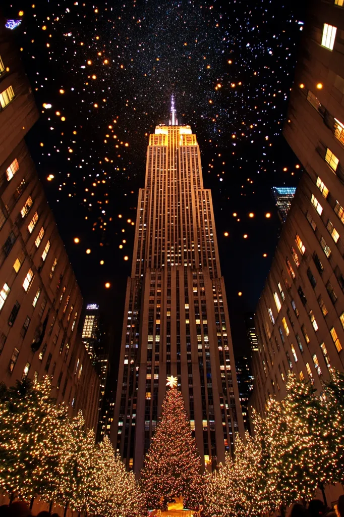 Here's a description of the image:

The Empire State Building in New York City is dramatically lit at night, towering over a plaza adorned with several large, glowing Christmas trees.  Surrounding the building are illuminated skyscrapers, creating a stunning cityscape.  The night sky is filled with what looks like thousands of tiny, golden lights, possibly lanterns or falling snow, adding to the magical, festive atmosphere. The overall scene is one of breathtaking holiday splendor.
