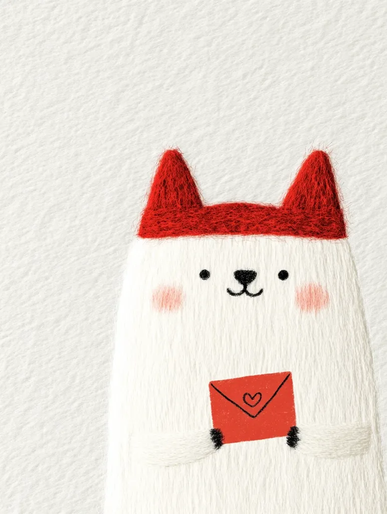 A charming illustration features a fluffy white creature, possibly a bear or rabbit, adorned with small, red, fuzzy ears.  Its simple, friendly face is accentuated by rosy cheeks. The creature holds a small, red envelope with a tiny heart on it, suggesting a Valentine's Day theme. The textured background complements the soft, hand-drawn style of the image, creating a gentle and heartwarming feel.