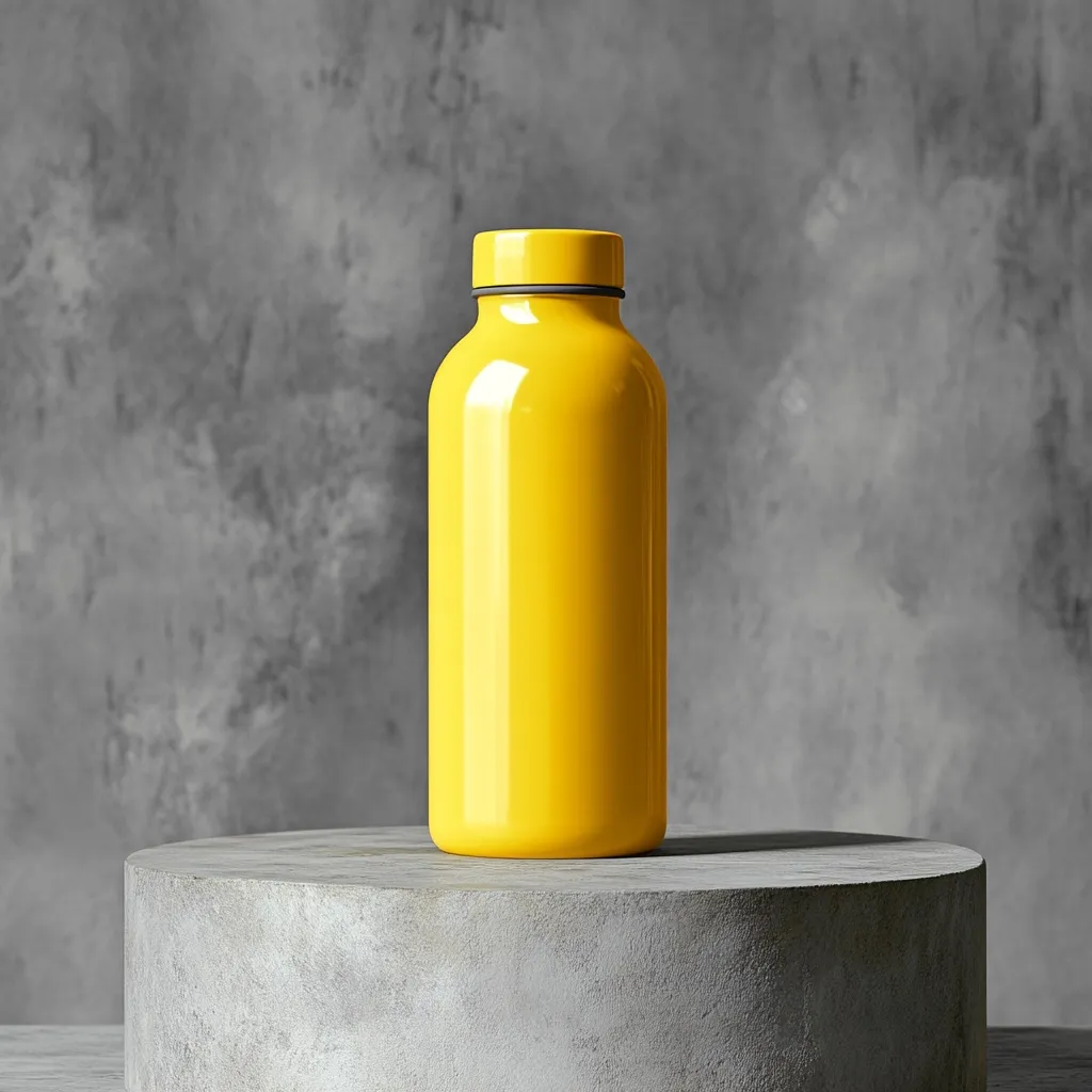 A vibrant yellow cylindrical bottle, featuring a slightly rounded shoulder and a dark gray lid, sits centrally on a circular, light gray concrete pedestal.  The bottle's smooth, glossy surface reflects light. The backdrop is a textured gray wall, providing a stark contrast to the bottle's bright color. The overall composition is clean, minimalist, and visually appealing.