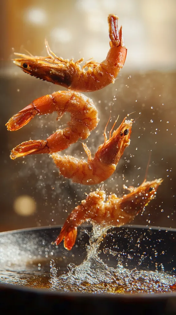 Four succulent shrimp, golden-brown and glistening, are captured mid-air as they're deep-fried.  They're suspended above a dark pan of bubbling oil, creating a dynamic splash of golden liquid. The background is blurred, highlighting the shrimp as the focal point.  The image evokes a sense of deliciousness and the vibrant energy of cooking. The shrimp appear perfectly cooked, with a crispy texture suggested by their appearance.