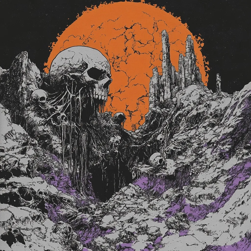 A dark, surreal landscape dominates the image. A large skull, dripping a viscous substance, is the central figure, set against a fiery orange sun. Numerous smaller skulls litter the rocky, desolate terrain. A ruined, skeletal cityscape rises in the distance. The color palette is primarily grayscale with accents of orange and purple, emphasizing the grim, otherworldly atmosphere. The overall style suggests a macabre, possibly fantasy or horror-themed artwork.