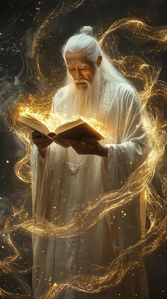 An elderly, long-haired man with a white beard, dressed in flowing white robes, sits and reads from an ancient book.  Golden light and shimmering particles emanate from the book and swirl around him, creating a mystical and ethereal atmosphere.  The image suggests wisdom, power, and possibly magic, with the man appearing as a wise sage or sorcerer. The dark background contrasts dramatically with the glowing light.