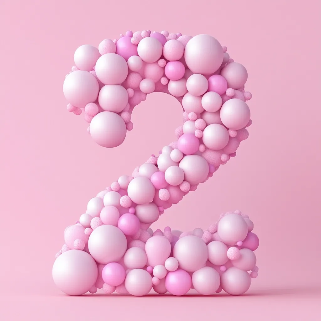 Here's a description of the image:

The image shows the number two formed from numerous small, light pink and darker pink spheres. The spheres are clustered tightly together, creating a three-dimensional, textured effect.  The overall color palette is soft and pastel, against a solid, matching light pink background. The number is presented in a clean, minimalist style, emphasizing the playful nature of its construction.