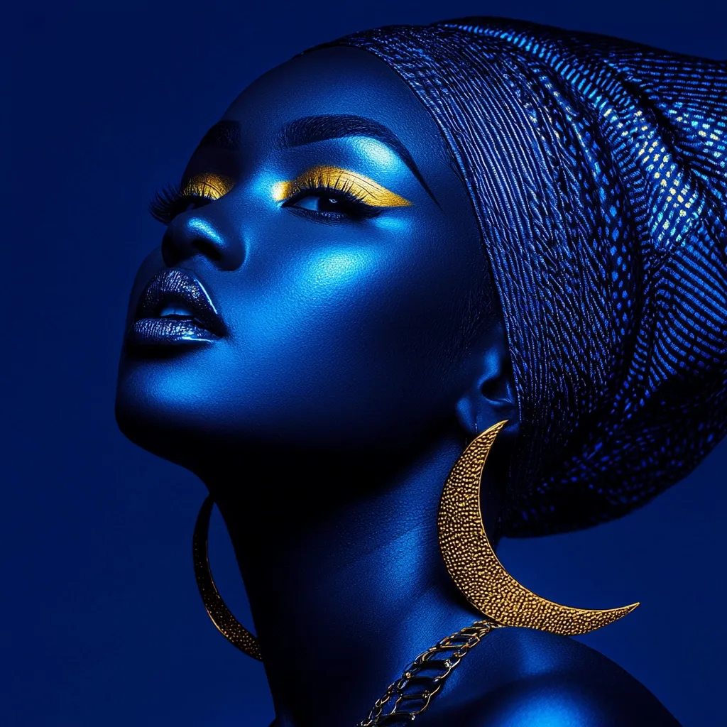 Here's a description of the image:

The image is a striking close-up portrait of a woman with deep blue skin, styled in a dramatic fashion. She wears a matching blue headwrap, intricately textured, and large, gold crescent-shaped earrings. Her makeup features golden eyeshadow, complementing the jewelry. The lighting is dramatic, emphasizing the contrast between the blue skin and the gold accents. The overall effect is one of regal elegance and stylized beauty. The background is a solid, deep blue, which further enhances the model's features and the image's mood.