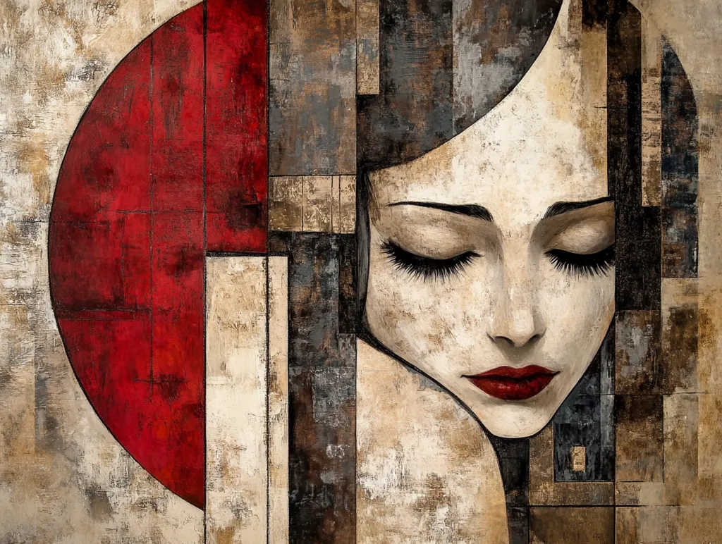Here's a description of the image:

The artwork is a stylized portrait of a woman, rendered in a cubist-inspired manner.  Her face, with eyes closed, is depicted in muted earth tones and creams, contrasting with a bold, semi-circular splash of deep red.  The background is a geometric arrangement of rectangular shapes and textures, mimicking a fragmented or deconstructed backdrop.  The overall style is somewhat abstract, yet the woman's features remain clearly defined, evoking a sense of serenity or introspection. The painting's texture appears thick and layered, suggesting a possible impasto technique.