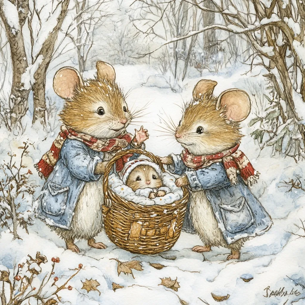 Two adorable mice, bundled in denim jackets and red-and-white scarves, carefully carry a woven basket in a snowy woodland.  Inside the basket, nestled in a soft blanket, is a tiny baby mouse. The scene is charming and evokes a feeling of warmth and family amidst the winter wonderland.  Falling snow and leaf-strewn ground complete the picturesque winter setting.