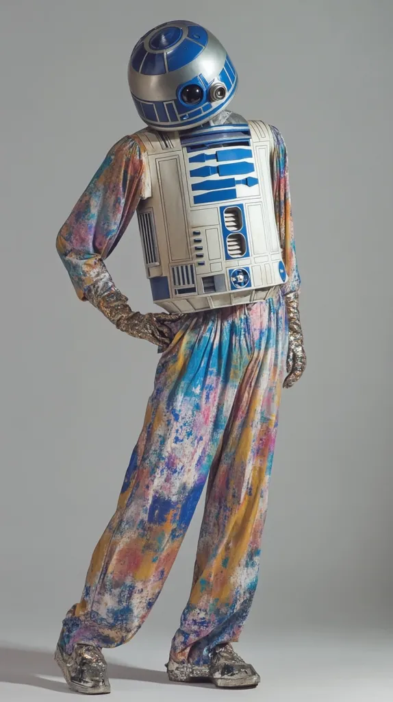 Here's a description of the image:

The photograph shows a figure wearing a unique outfit. The head is a replica of R2-D2 from Star Wars, while the body is clad in loose-fitting, wide-legged pants and a matching top. The pants feature a vibrant, abstract paint-splatter design in various shades of blue, pink, yellow, and orange. The top is styled similarly, serving as a base for a white R2-D2-styled chest piece.  The figure also sports metallic silver gloves and shoes, completing the eclectic and contrasting look. The backdrop is a simple, neutral gray, ensuring the focus remains on the outfit.