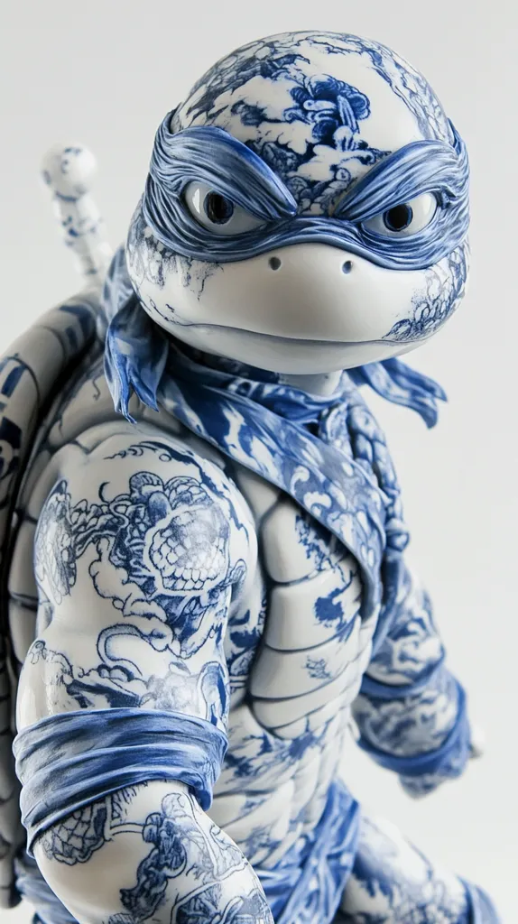This is a detailed close-up of a Teenage Mutant Ninja Turtle figurine.  The turtle is rendered in a striking blue and white porcelain style, mimicking the look of intricate blue and white Chinese porcelain designs. The intricate detailing extends to the turtle's mask and bandana, creating a unique blend of pop culture and traditional art.  The figurine's expression is serious and intense, emphasizing its warrior-like persona. The overall effect is a visually arresting piece of collectible art.