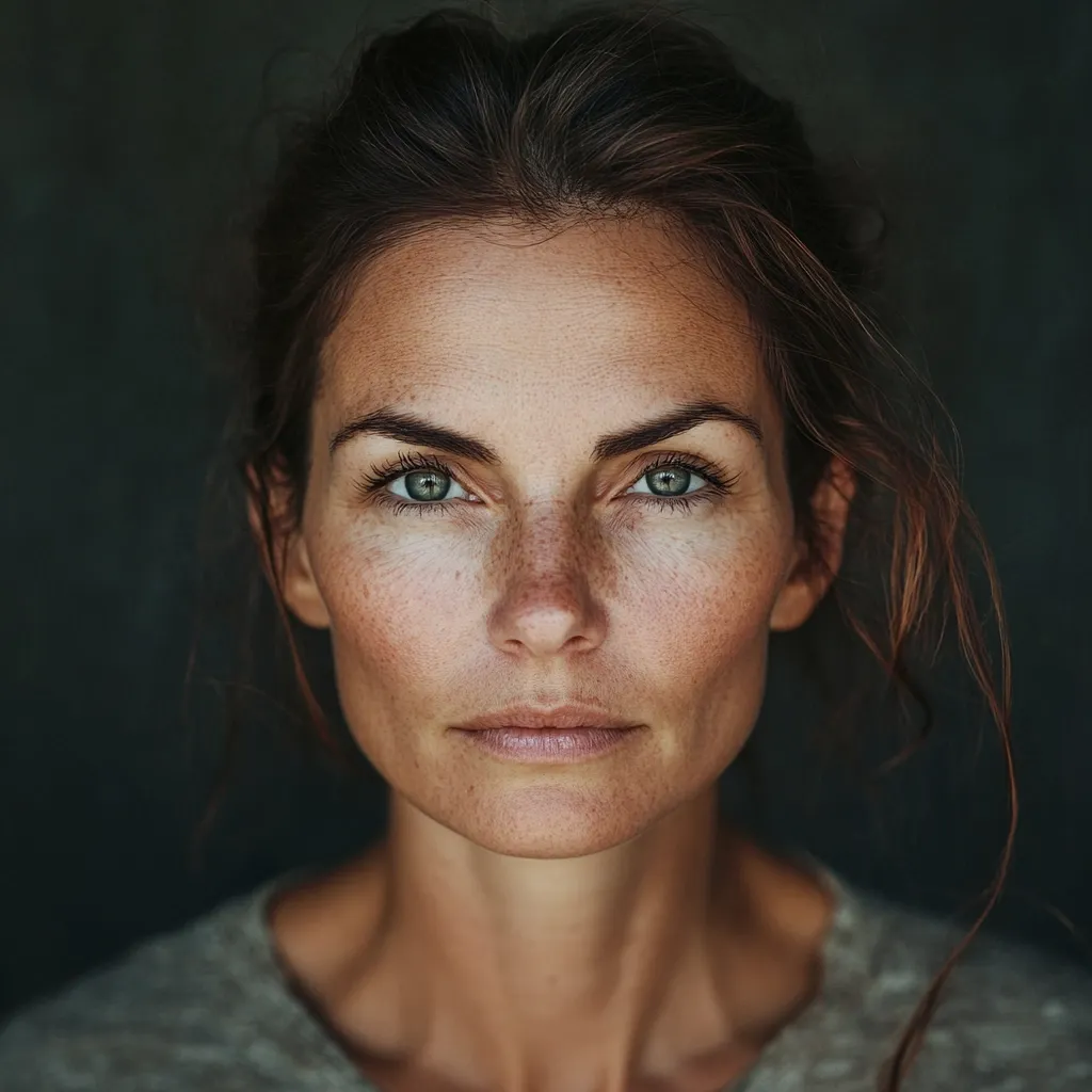 Here's a description of the image:

Close-up portrait of a woman with light skin and freckles. Her hair is pulled back, revealing her face fully.  She has light brown or auburn hair and striking green eyes. Her expression is serious and direct, making strong eye contact with the viewer. The background is dark and blurred, drawing focus to the woman's face and features. The overall mood is contemplative and intimate.