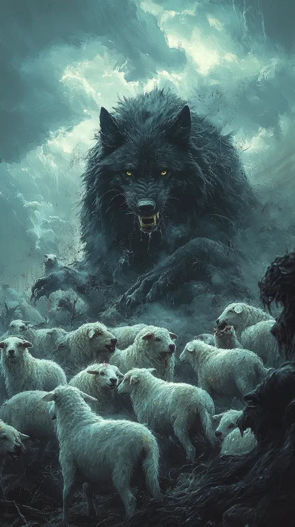A menacing, shadowy wolf looms over a flock of sheep in a dramatic, stylized artwork. The wolf, rendered in dark hues, displays bared teeth and intense eyes, projecting a sense of impending threat. The sheep, pale and huddled together, appear vulnerable against the looming predator. The background features a stormy, dark sky, enhancing the ominous atmosphere.  The overall style suggests a fantasy or allegorical piece, possibly depicting themes of predation or vulnerability.