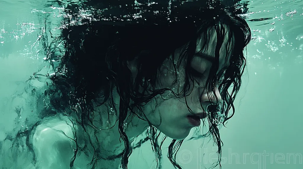 Here is a description of the image:

The image is a stylized underwater portrait of a young woman with long, dark, wet hair.  Her face is partially obscured by her hair and the greenish-teal water, creating a mysterious and somewhat melancholic mood. The water is slightly murky, with visible bubbles around her, suggesting she's submerged. The overall color palette is cool and muted, enhancing the ethereal and slightly unsettling atmosphere. The woman's expression is serene yet pensive, her eyes closed.  The image has an artistic, almost painterly quality.