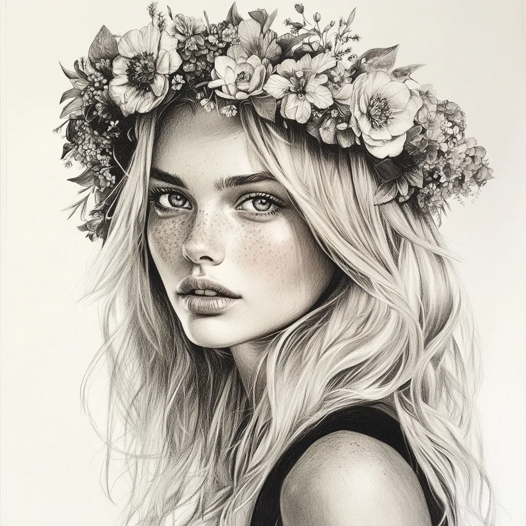 Here's a description of the image:

The monochromatic drawing showcases a young woman with long, flowing blonde hair, adorned with a delicate floral crown. The crown is intricately detailed, featuring a variety of blossoms and greenery. Her face is subtly shaded, highlighting freckles and a serene expression. Her gaze is directed slightly away from the viewer, creating a sense of mystery and allure. The artist's skillful use of shading and linework gives the drawing a hyperrealistic quality, making the woman's hair and skin textures appear remarkably lifelike.  The overall style is romantic and ethereal.