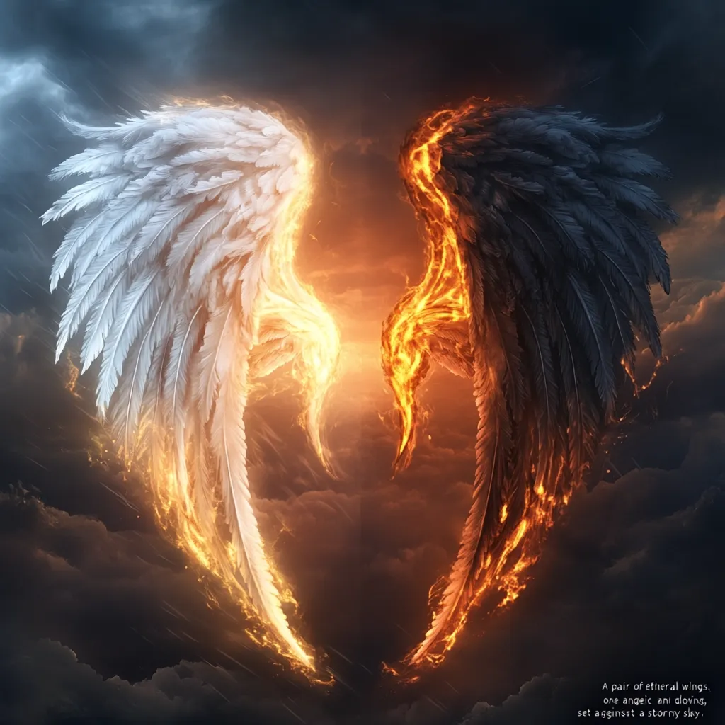 Here's a description of the image:

The image depicts a dramatic contrast of two ethereal wings against a stormy sky. One wing is predominantly white, feathered, and edged with a fiery orange glow, representing angelic purity.  The other wing is dark, almost black, with fiery orange and red flames tracing its outline, suggesting a darker, more demonic presence.  The wings are positioned in a mirrored, back-to-back configuration, their fiery elements intertwining.  The background consists of a turbulent, dark sky with hints of light breaking through, enhancing the dramatic effect of the opposing forces.