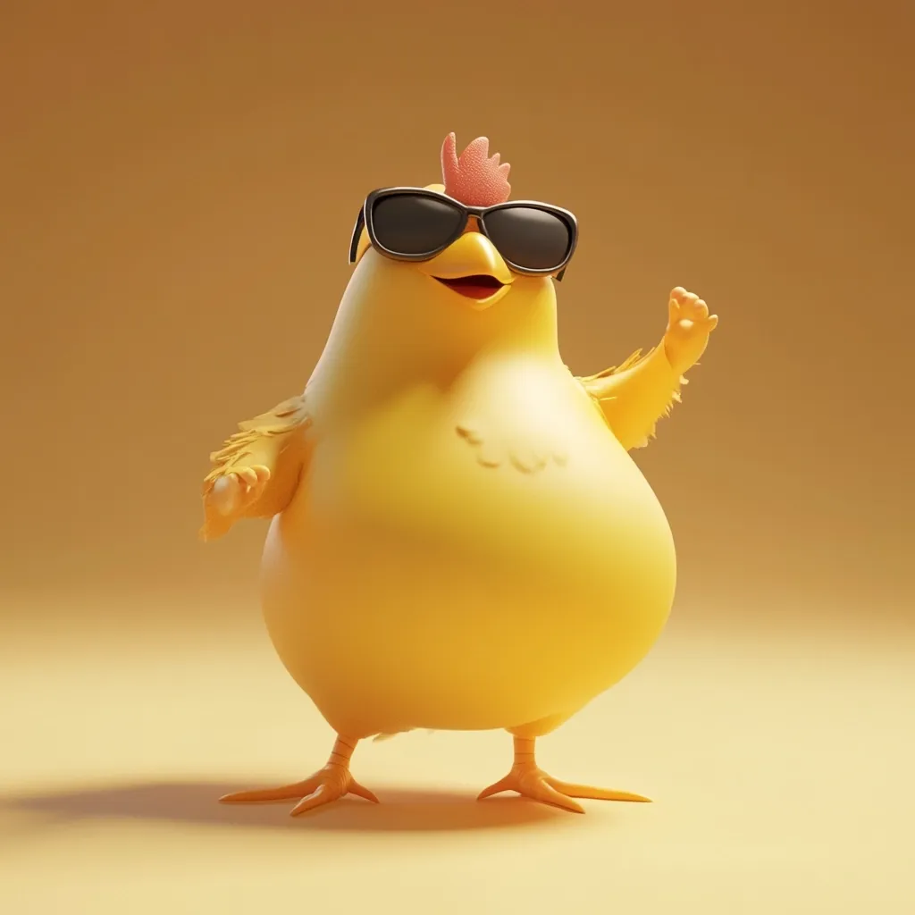 Here's a description of the image:

A cute, cartoonish yellow chick is depicted in a 3D rendering.  The chick is plump and friendly-looking, with a small, red comb atop its head.  It wears dark sunglasses and is playfully waving with one wing. The background is a muted, warm yellowish-tan, providing a simple backdrop that emphasizes the chick. The overall style is cheerful and lighthearted. The lighting is soft and even, enhancing the chick's smooth, rounded form.