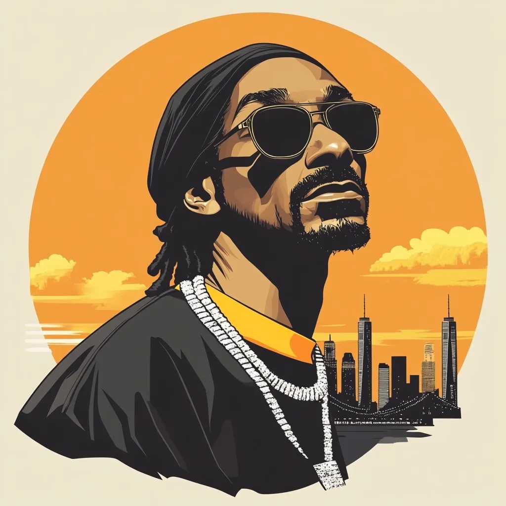 Here's a description of the image:

The illustration depicts Snoop Dogg, rendered in a stylized, almost graphic novel-like fashion.  He's wearing dark sunglasses, a black top, and a prominent gold and diamond necklace. His head is slightly tilted back, and he appears to be looking towards a sunset backdrop. This sunset is depicted as a large orange circle, with soft clouds and a silhouette of a city skyline, including the Twin Towers, visible in the distance.  The overall style is bold and striking, with strong contrasts and a limited color palette.