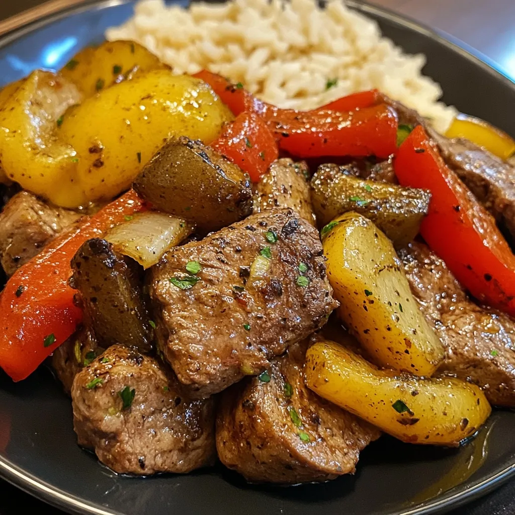 Here's a description of the image:

A close-up shot reveals a flavorful stir-fry, featuring chunks of seared beef nestled amongst vibrant red and yellow bell peppers, and browned onions.  The meat appears tender and well-seasoned.  A bed of light brown rice is visible in the background, suggesting a complete and hearty meal.  The dish is presented on a dark-colored plate, enhancing the rich colors of the food.  The overall impression is one of a savory and appealing meal.