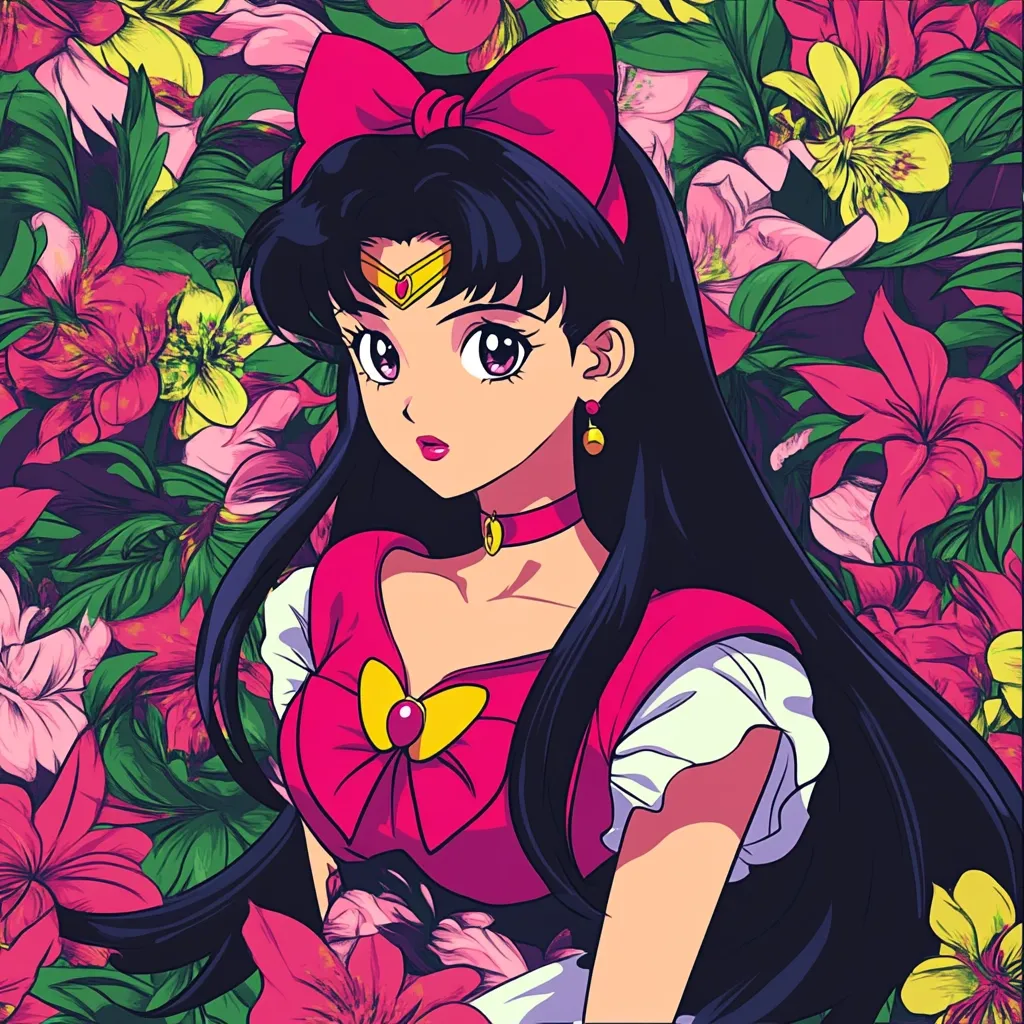 Here's a description of the image:

The image is a vibrant, stylized portrait of a young woman, possibly an anime character, with long, dark hair and striking purple eyes.  She's adorned in a bright pink and red dress featuring a prominent bow, and accessorized with a gold crescent moon on her forehead and gold earrings.  The character is framed by a lush background of pink, red, and yellow flowers and tropical leaves, creating a bold and colorful composition. The art style suggests a retro anime or 80s-inspired aesthetic, with strong outlines and saturated colors.