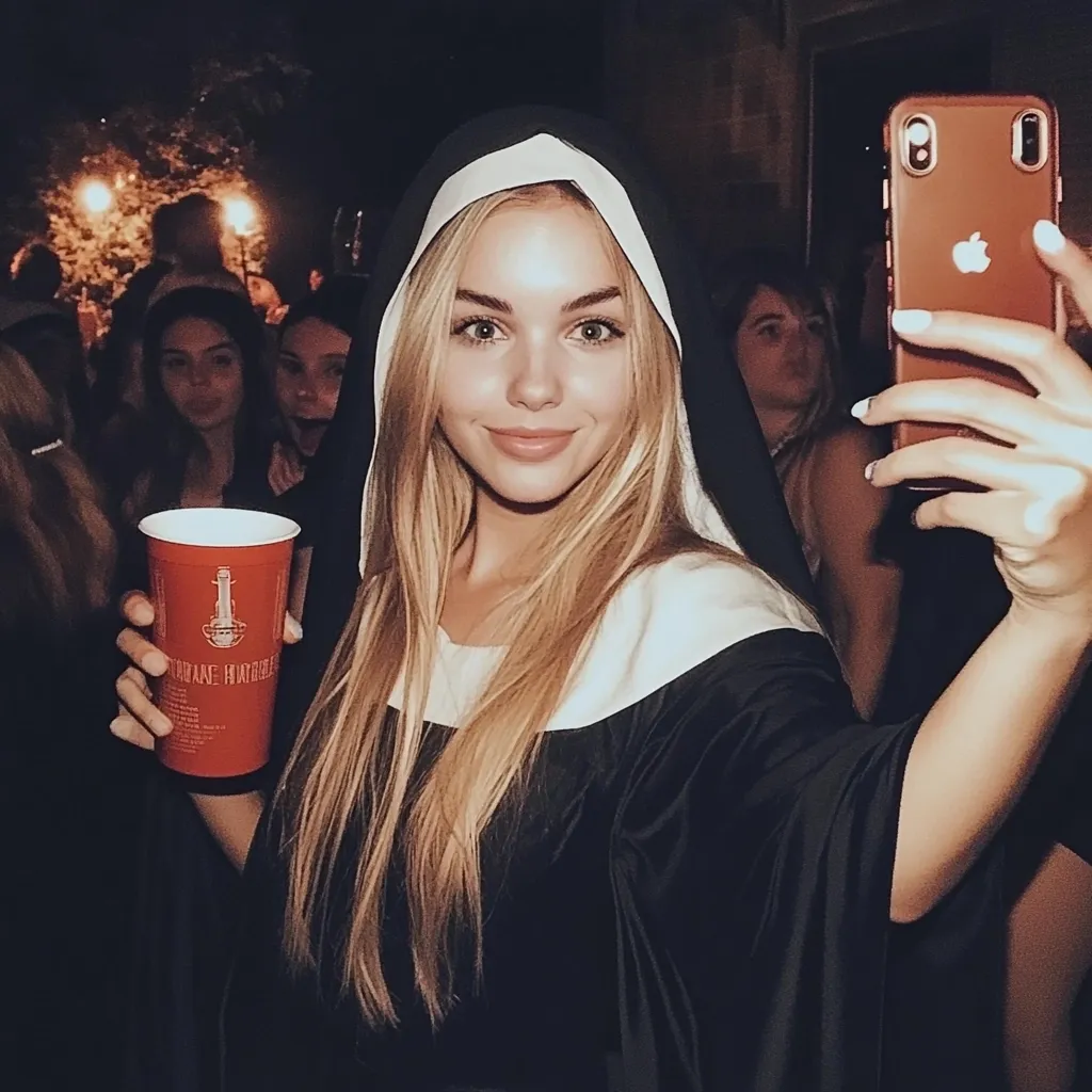 A young woman with long blonde hair, dressed in a nun costume, takes a selfie with a rose gold iPhone. She holds a red plastic cup in her other hand.  The background is blurred but shows other people at a nighttime event, suggesting a party or Halloween gathering. The lighting is dim, emphasizing the woman and her costume.  Her expression is pleasant, and the overall mood is festive.