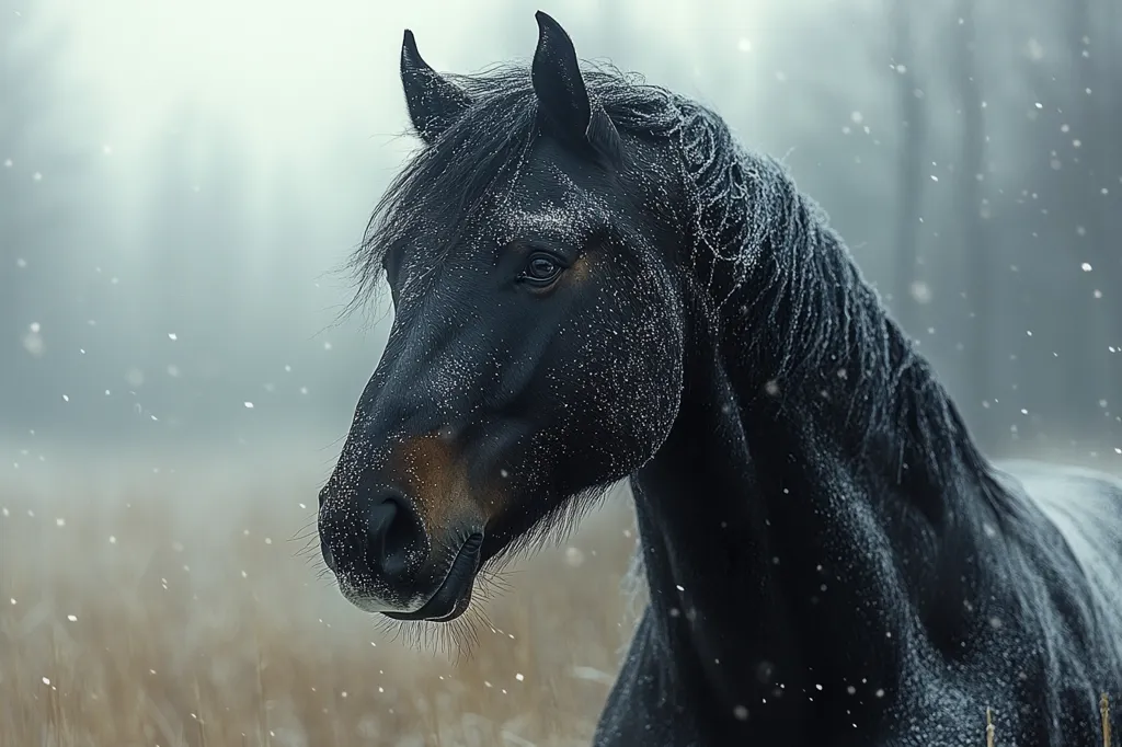 Here's a description of the image:

The photograph showcases a majestic black horse, its coat dusted with a light layer of snow, standing in a snowy field.  The horse's dark coat contrasts sharply with the muted, gray-toned background of a misty, winter landscape.  The focus is on the horse's head and neck, highlighting its intelligent eyes and the delicate frost on its dark mane and body.  Falling snow adds a peaceful, ethereal quality to the scene, creating a serene and captivating image.