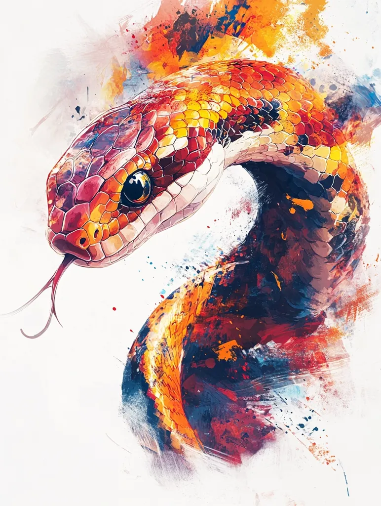 Here's a description of the image:

The artwork is a vibrant, abstract watercolor painting of a snake. The snake's head and upper body are depicted in striking detail, showcasing scales in shades of red, orange, and yellow. The colors are rich and intense, contrasted by splashes of darker blues and purples that create a dynamic background. The style is expressive and loose, with visible brushstrokes and splatters giving a sense of movement and energy. The snake's tongue is extended, adding to its dynamic pose. The overall effect is a powerful and captivating image that blends realism with abstract expressionism.
