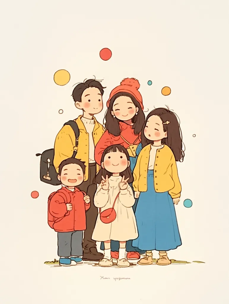 Here's a description of the image:

The illustration depicts a charming family of five, styled in a cute, minimalist manner.  Two adults, a man and woman, stand at the back, flanked by three children. The adults wear yellow and red, while the children sport outfits in red, white and blue.  The youngest child is in the front, making peace signs. The style is simple, with soft pastel colors and round features, creating a warm and inviting family portrait.  Colorful circles float in the background, adding to the playful atmosphere.  The overall impression is one of happiness and togetherness.