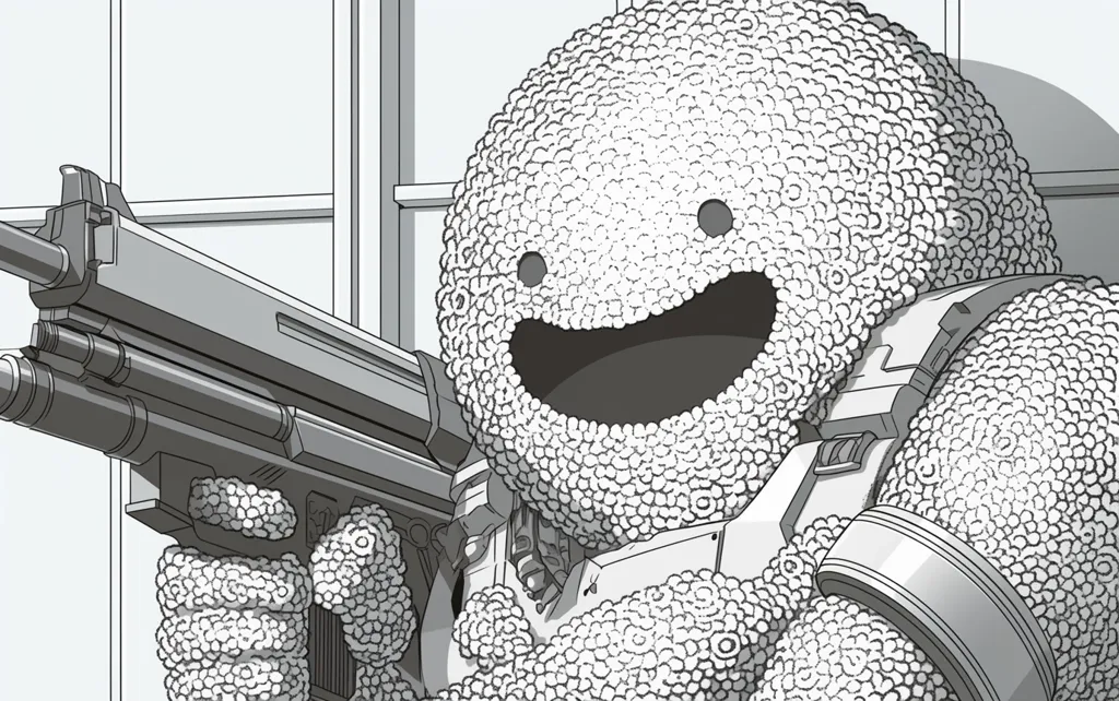 A grayscale illustration depicts a cheerful, humanoid robot. Its body is composed of numerous small, circular elements, giving it a textured appearance.  The robot's face is a wide, expressive smile. It holds a futuristic assault rifle, its hands also textured similarly to its body. The background suggests an indoor, possibly industrial, setting with visible window frames. The overall style is reminiscent of manga or anime.