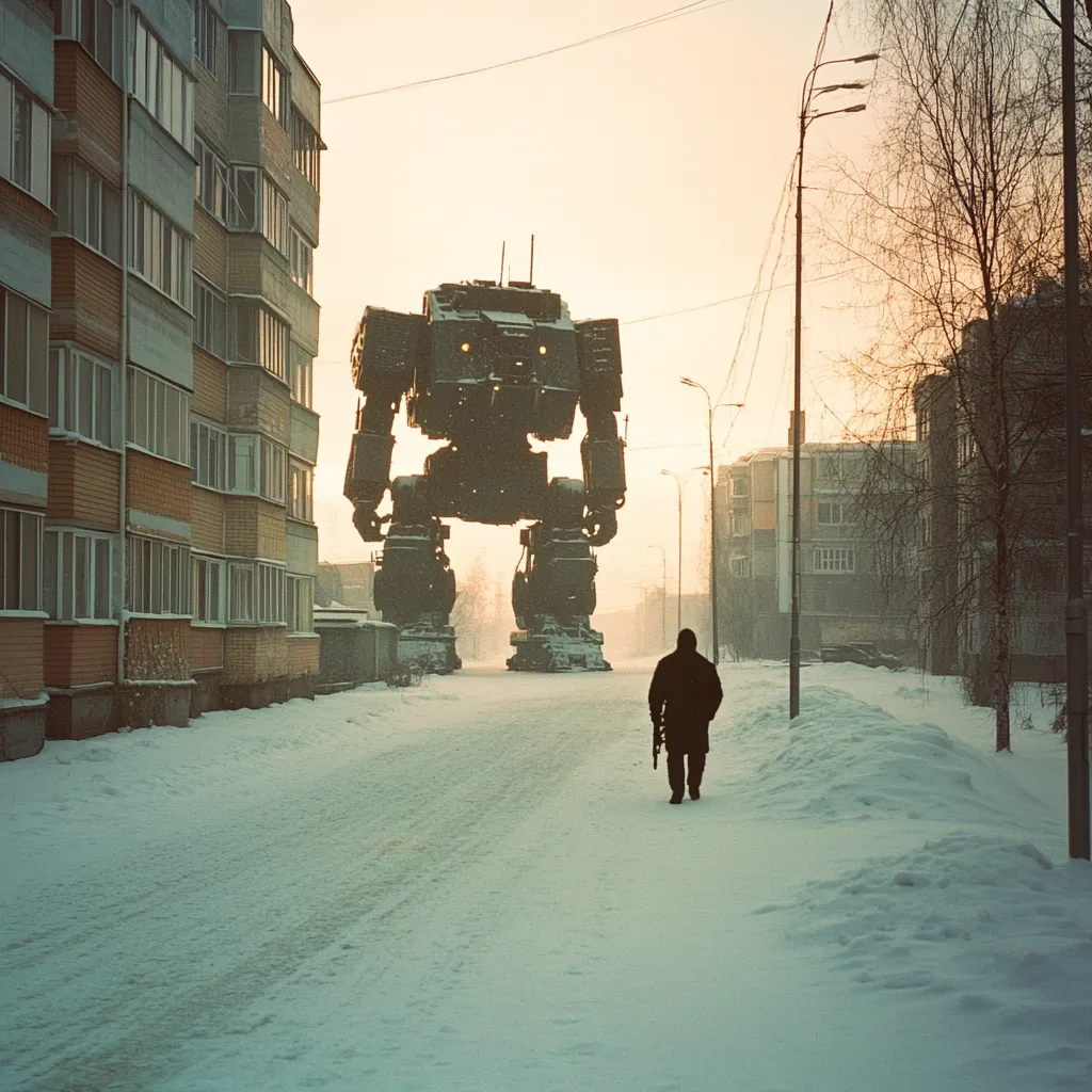A colossal, dark-colored mech dominates a snow-covered street, its imposing presence dwarfing the residential buildings lining the road.  A lone figure, silhouetted against the setting sun, walks away from the giant robot, towards the viewer. The scene is set in a seemingly post-apocalyptic or dystopian city, bathed in the soft, warm glow of the late afternoon light.  The overall mood is one of quiet tension and awe-inspiring scale.