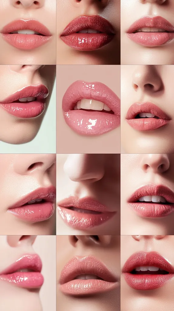 Here's a description of the image:

The image is a collage of twelve close-up shots showcasing a variety of lip colors and textures.  Each section features a different model's lips, displaying a range of nude, pink, and mauve shades. Some lips appear glossy, while others have a matte finish. The lighting and angles are consistent across all images, emphasizing the lips' texture and color variations. The overall effect presents a diverse palette of lip colors, ideal for a cosmetics advertisement or a makeup tutorial.