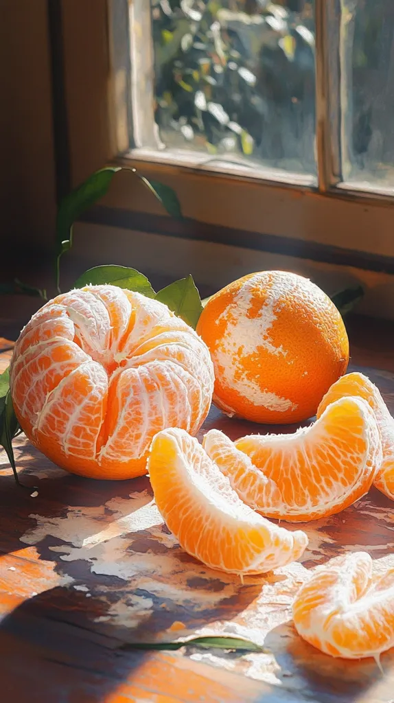 Sunlight streams through a rustic window onto a wooden table where several oranges rest. One is partially peeled, revealing its segments, while another sits whole beside it.  Several orange segments are scattered nearby, their juicy flesh glistening.  Green leaves add a touch of freshness to the scene, creating a vibrant and inviting still life.  The worn wood adds texture and a sense of warmth.