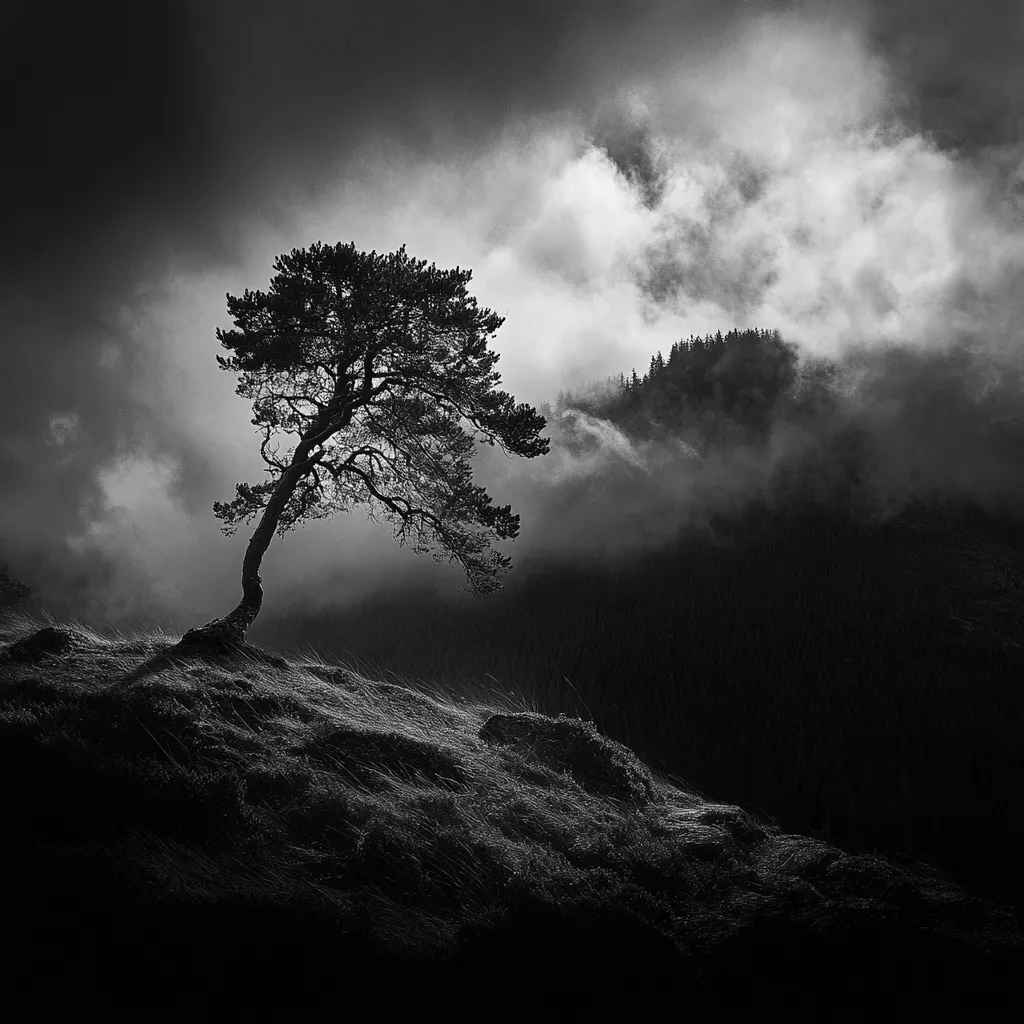 A solitary, windswept pine tree clings to a grassy hillside, silhouetted against a dramatic, moody sky.  Low-hanging clouds obscure a dark, forested mountain in the background, creating a stark contrast between the exposed tree and the shrouded landscape. The monochrome palette emphasizes the textures of the grass and the tree's gnarled branches, enhancing the image's evocative atmosphere. The scene suggests isolation, resilience, and the power of nature.
