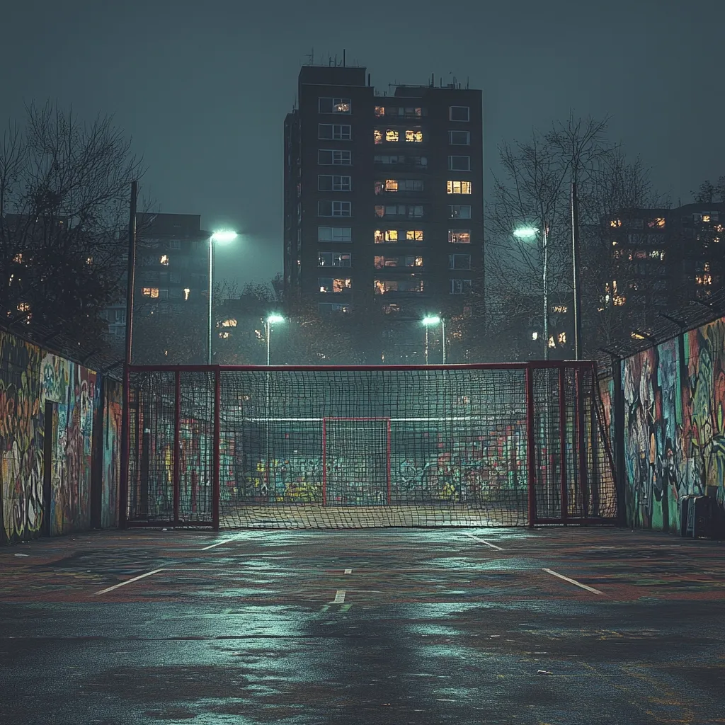 Here's a description of the image:

The photograph depicts an empty, graffiti-covered multi-use games area at night.  A soccer goal stands in the center, enclosed by a rusty red metal fence.  The area is dimly lit by streetlights, casting a melancholic glow on the wet asphalt court.  Tall residential buildings loom in the background, their windows glowing faintly, indicating occupied apartments. The overall mood is somber and urban, with a palpable sense of stillness. The scene suggests a neglected yet strangely beautiful space, a quiet pocket within a bustling city.