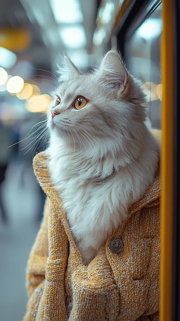 A fluffy, long-haired white cat with striking yellow eyes is the focus of this image.  It's nestled inside a cozy, mustard-yellow knitted cardigan, partially obscuring its body. The cat gazes intently towards the left, its expression thoughtful. The blurred background suggests an outdoor urban setting, perhaps a bustling street scene. The overall mood is peaceful and heartwarming.