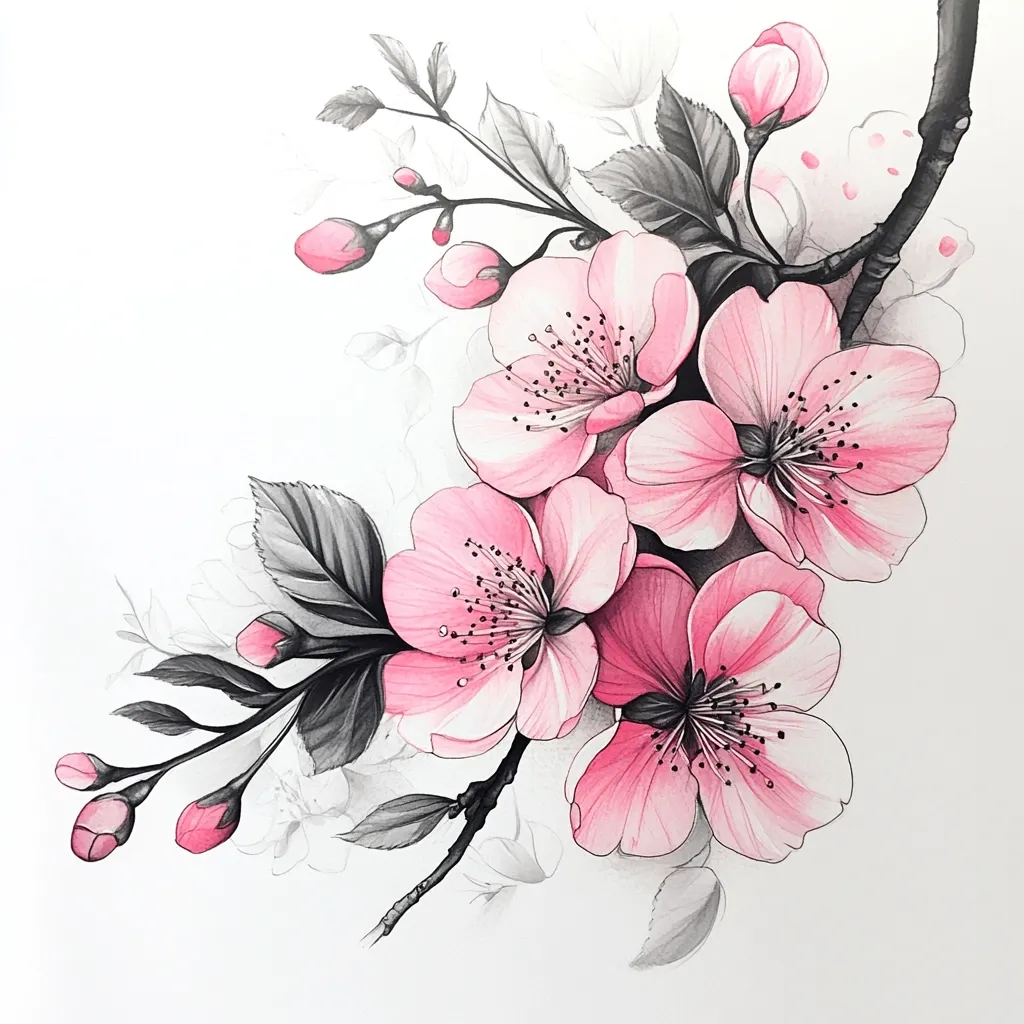 Here's a description of the image:

The artwork depicts a delicate cluster of pink blossoms, possibly cherry blossoms, rendered in a detailed, almost hyperrealistic style.  The flowers are meticulously shaded, showcasing soft pink petals with darker centers. The leaves and branches are rendered in grayscale, creating a striking contrast against the vibrant pink.  The composition is asymmetrical, with the blossoms cascading from the upper right towards the lower left, suggesting a graceful branch. The background is a clean white, making the flowers the focal point. The overall effect is elegant and visually appealing, reminiscent of botanical illustration.