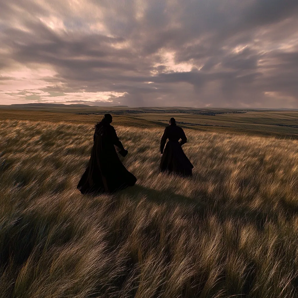 Two figures, cloaked in dark garments, walk away from the viewer across a vast, golden field of tall grass under a dramatic sky.  The setting sun casts long shadows, emphasizing the solitude of the figures and the expansive, somewhat desolate landscape.  The overall mood is one of mystery and quiet contemplation.  A distant horizon line reveals a flat, possibly rural area.