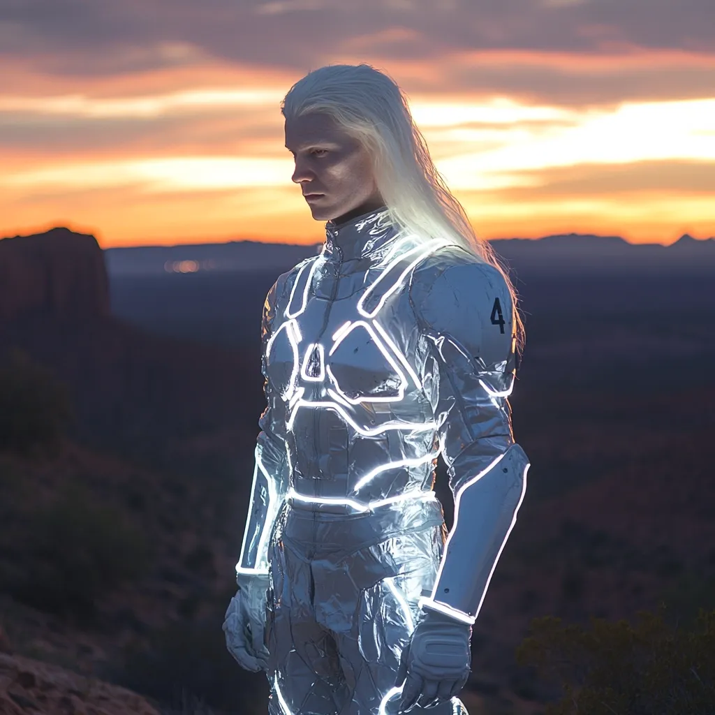 A person with long, white hair stands in a futuristic, silver suit illuminated by glowing lines. The suit appears to be made of a reflective material, possibly foil.  The number "4" is visible on the arm. The backdrop is a dramatic sunset over a desert landscape, with distant mesas silhouetted against the vibrant sky. The overall mood is one of science fiction and solitude.
