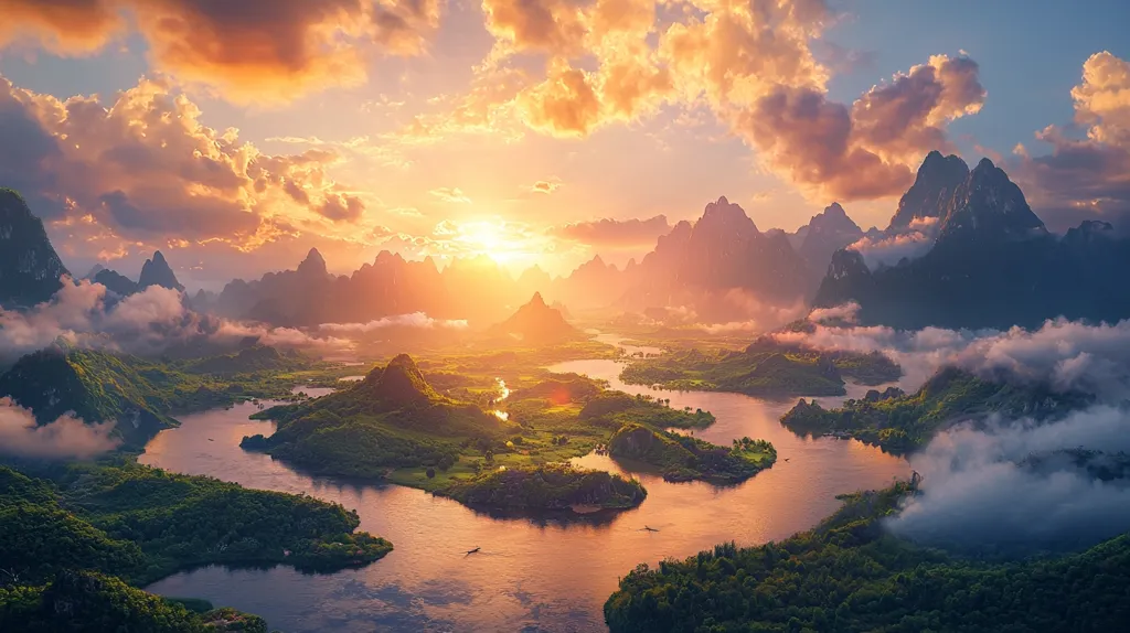A breathtaking panoramic view unfolds at sunset.  A meandering river snakes through a lush valley, cradled by verdant hills and majestic karst mountains.  The setting sun casts a warm, golden light, illuminating the clouds and mist clinging to the landscape.  The scene is serene and picturesque, evoking a sense of tranquility and awe.  Small boats dot the river, adding a touch of human presence to the expansive natural beauty.