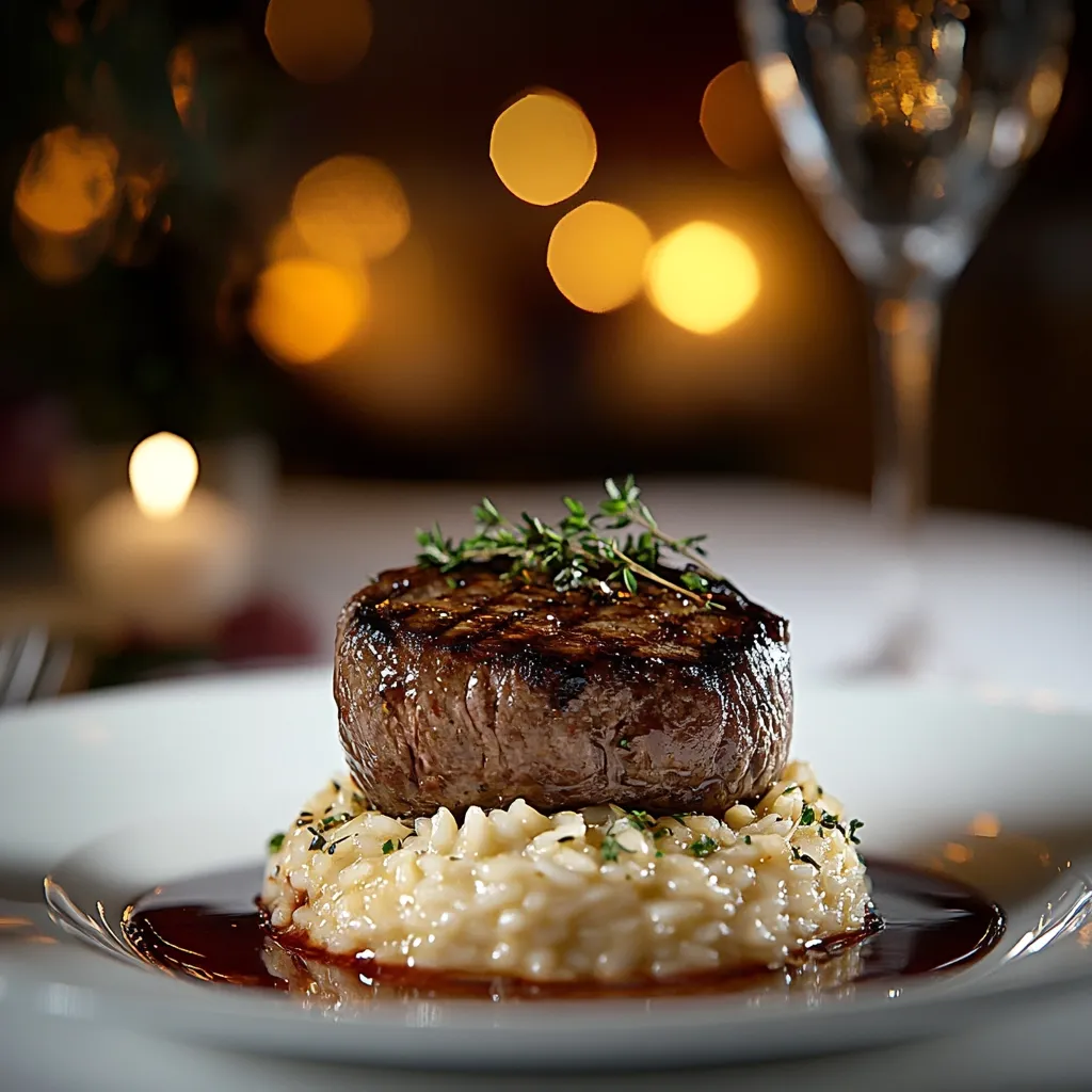 Here's a description of the image:

The photograph showcases a meticulously plated gourmet meal. A perfectly seared beef filet mignon, garnished with a sprig of thyme, rests atop a bed of creamy risotto. A rich, dark red sauce delicately pools around the base of the dish. The background is softly blurred, suggesting a romantic, dimly lit restaurant setting with warm bokeh lights and a partially visible wine glass. The overall impression is one of elegance and fine dining.