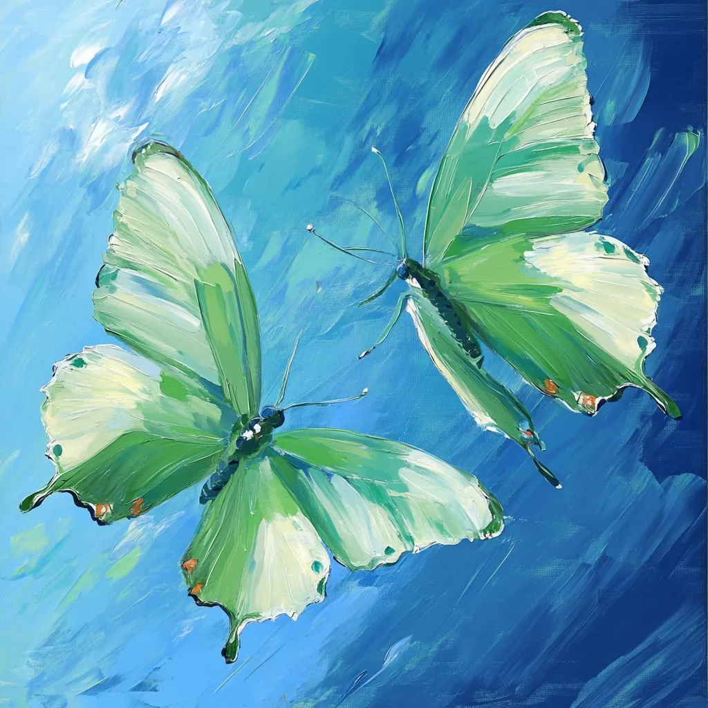 Here is a description of the image:

A vibrant painting depicts two pale green butterflies in flight against a dynamic blue sky. The butterflies are rendered with visible brushstrokes, showcasing a textured impasto style. Their wings are delicately detailed, with hints of white and yellow-green creating a sense of depth and light.  The blue background is expressive, with swirling brushstrokes suggesting movement and air. The overall impression is one of lightness, freedom, and the beauty of nature.