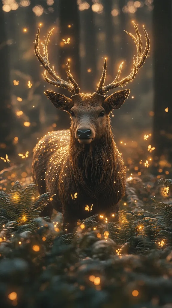 A majestic deer, its antlers adorned with sparkling golden lights, stands in a mystical forest.  The deer's coat is dusted with a similar ethereal glow, and numerous tiny, glowing butterflies flit around it. The scene is bathed in warm, soft light, creating a magical and enchanting atmosphere.  The background suggests a dense, dark woodland, further emphasizing the deer's ethereal presence.