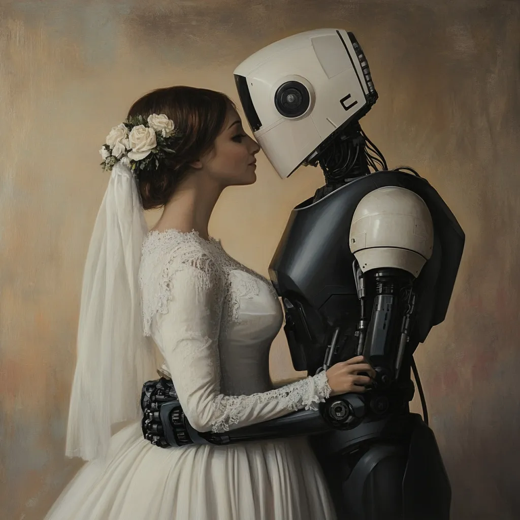 A painting depicts a bride in a flowing white wedding gown embracing a robot.  The bride, adorned with white roses in her hair, has her head gently tilted towards the robot, their foreheads touching. The robot, sleek and metallic with white accents, reciprocates the embrace with a mechanical arm around the bride's waist.  The scene is rendered in a realistic style, creating a poignant juxtaposition of human emotion and technological advancement within a soft, muted color palette.  The overall mood is one of quiet tenderness and unconventional love.