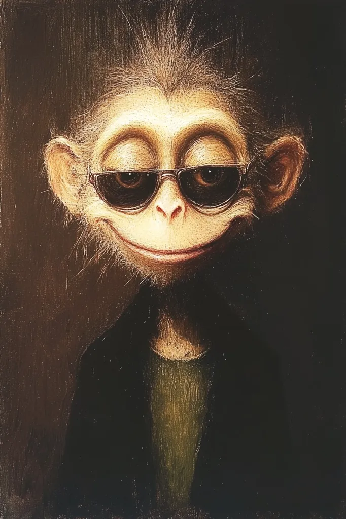 Here is a description of the image:

The painting depicts a stylized monkey, rendered in a dark, almost somber palette. The monkey has a spiky, somewhat unkempt hairstyle and wears dark sunglasses, giving it a cool and slightly rebellious air. Its expression is placid, almost smirking, adding to its nonchalant demeanor. The monkey is dressed in a dark jacket over a muted green shirt, mimicking a human-like attire. The brushwork appears textured, contributing to the painting's overall moody atmosphere. The background is a deep, dark brown, drawing focus to the central figure. The image evokes a sense of character and style through the monkey's pose and clothing.