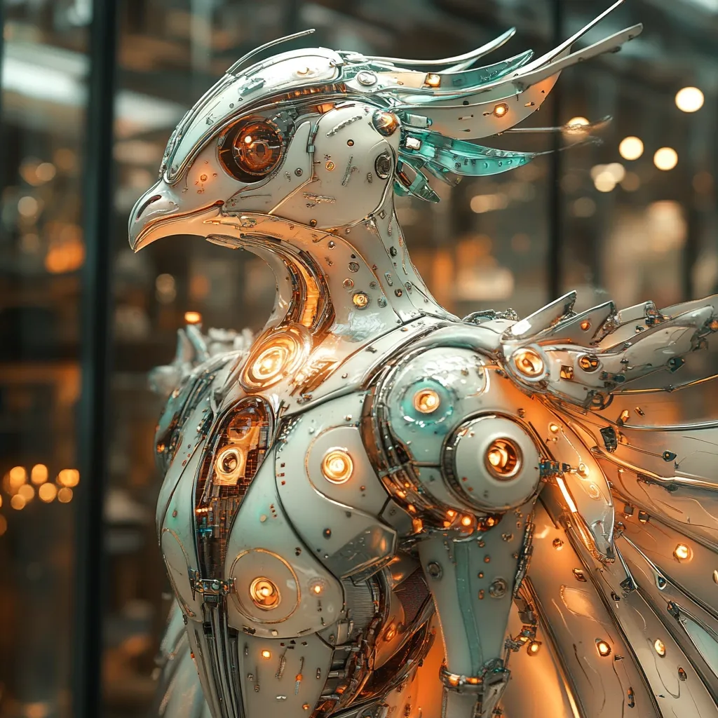 The image showcases a meticulously detailed robotic avian creature.  Its body is predominantly off-white, with intricate metallic plating and glowing orange accents highlighting its complex internal mechanisms.  Teal highlights accentuate the wings and head. The robot's design blends organic avian features, like a bird-like head and wings, with a distinctly mechanical aesthetic.  The background is a blurred-out industrial setting, emphasizing the futuristic nature of the robotic creature.